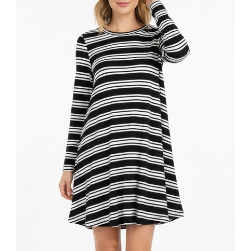 ANN TAYLOR LOFT Ponte Knit BLACK/WHITE STRIPES T-Shirt Dress A-LINE LOUNGE XS